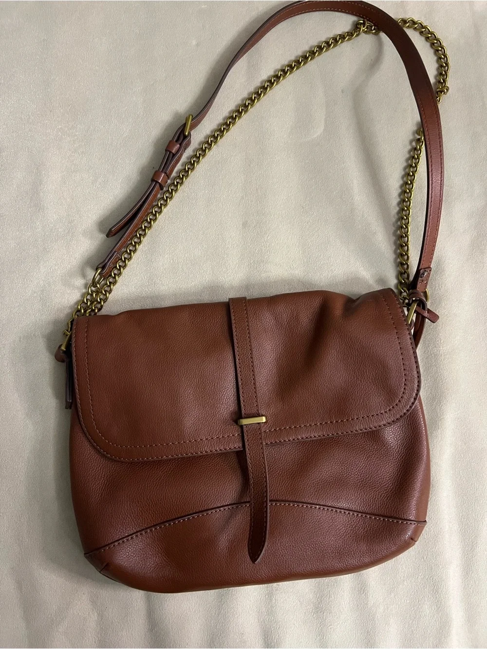 🤎 Fossil SHB2846 Cognac Leather Chain Shoulder Crossbody Bag Brass Key